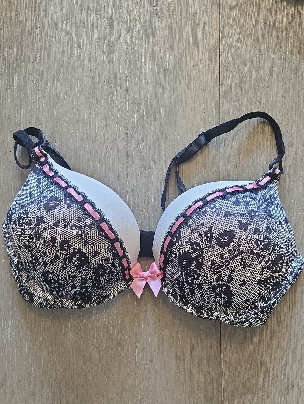 32C Victoria's Secret Black and White Lace Push-Up Bra with Pink Trim
